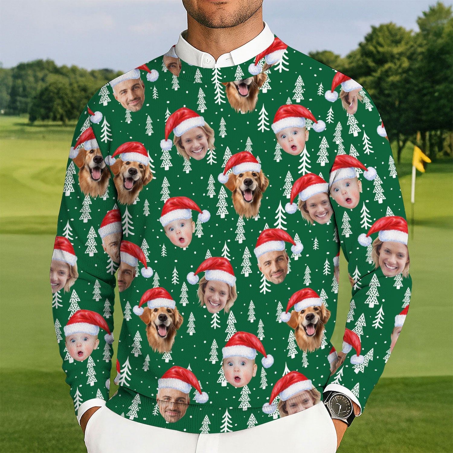 Custom Face Snow Pine Tree Green Golf Ugly Sweater, Golf Ugly Christmas Sweater, Christmas Golf Shirt