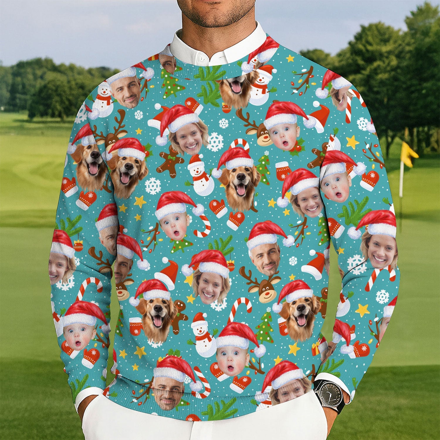 Custom Face Cute Christmas Pattern Teal Golf Ugly Sweater, Christmas Golf Shirt, Golf Sweater, Christmas Golf Gift