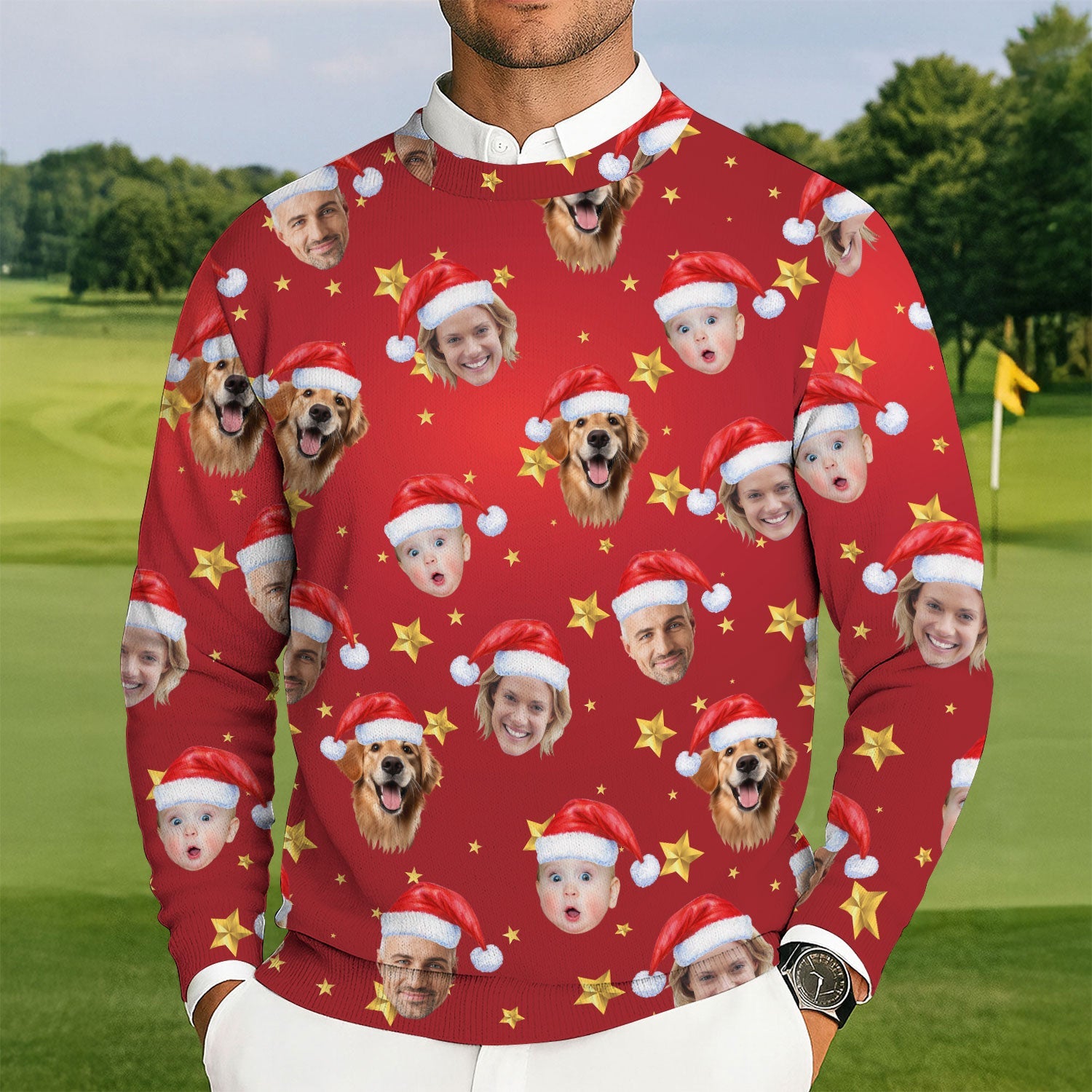 Custom Face Xmas Star Red Golf Ugly Sweater, Christmas Golf Shirt, Golf Sweater, Christmas Golf Gift