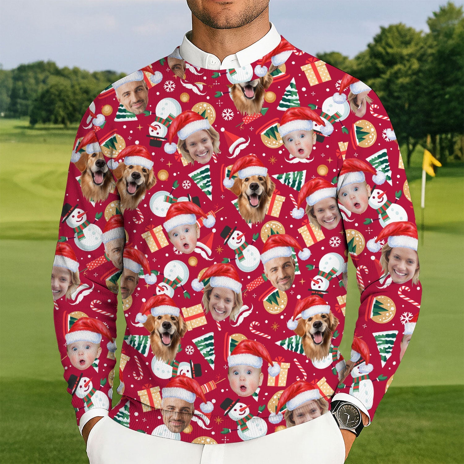 Custom Face Christmas Icons Red Golf Ugly Sweater, Christmas Golf Shirt, Golf Sweater, Christmas Golf Gift