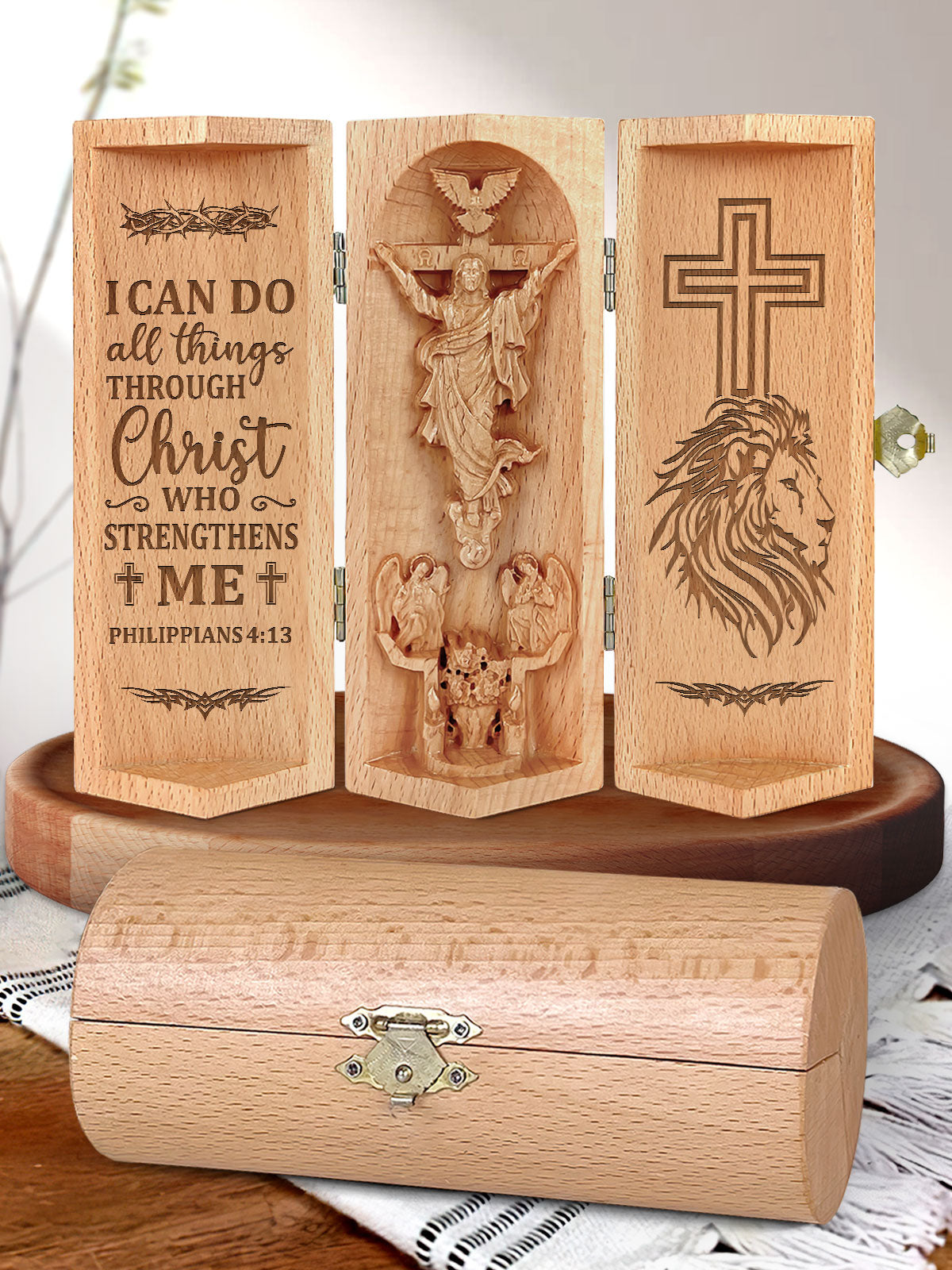 Philippians 4:13, Openable Wooden Cylinder Sculpture of Jesus Christ, Christian Gifts