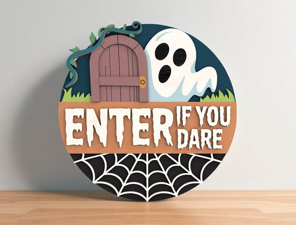 Enter If You Dare Wood Signs Outdoor, Cute Ghost Halloween, Front Porch Decor, Halloween Door Decor