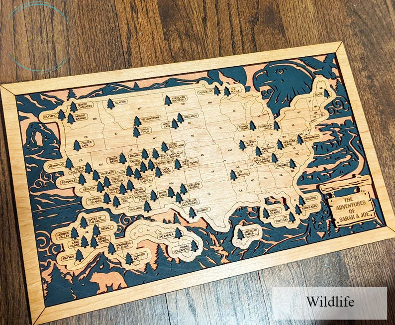 Personalized National Park Map Wooden Checklist Travel With Pins, Travel Map Tracker, Wildlife Map, Gift for Hiker
