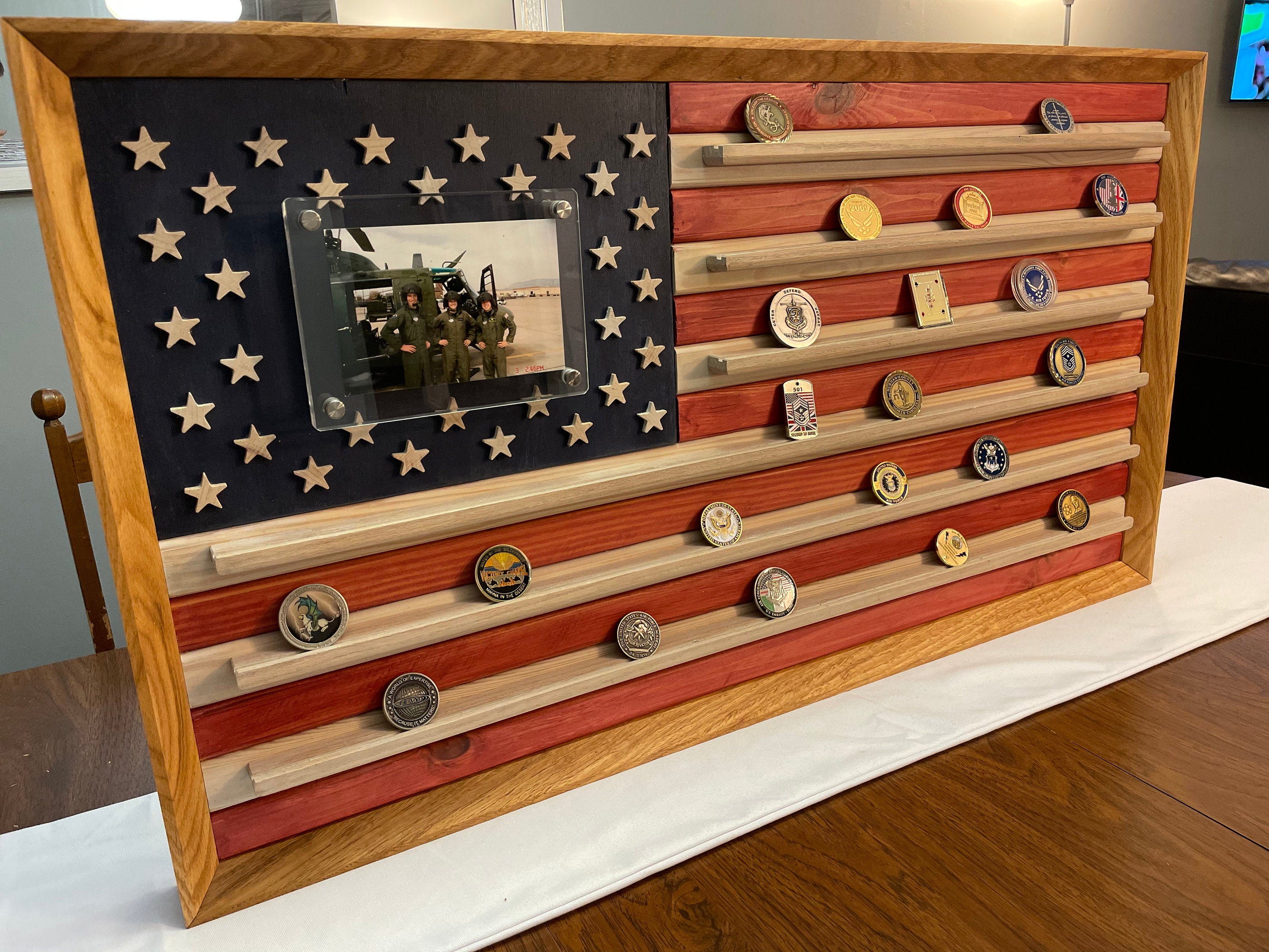 American Flag Military Challenge Coin Display Holder, Custom Photo Wooden Rack, Gifts For Retired Military