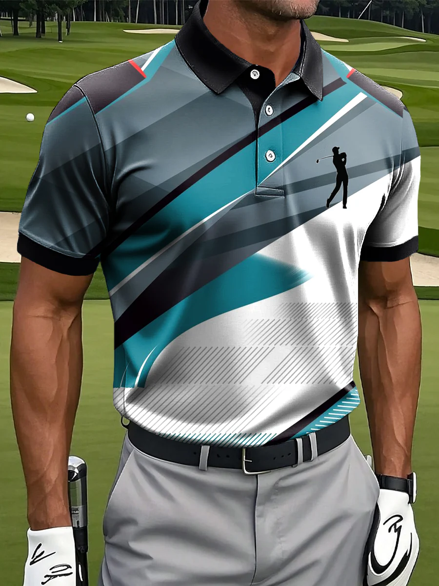 Retro Geometric Color Block Golf Tops For Men, Polo Shirts For Men, Golf Gift For Men
