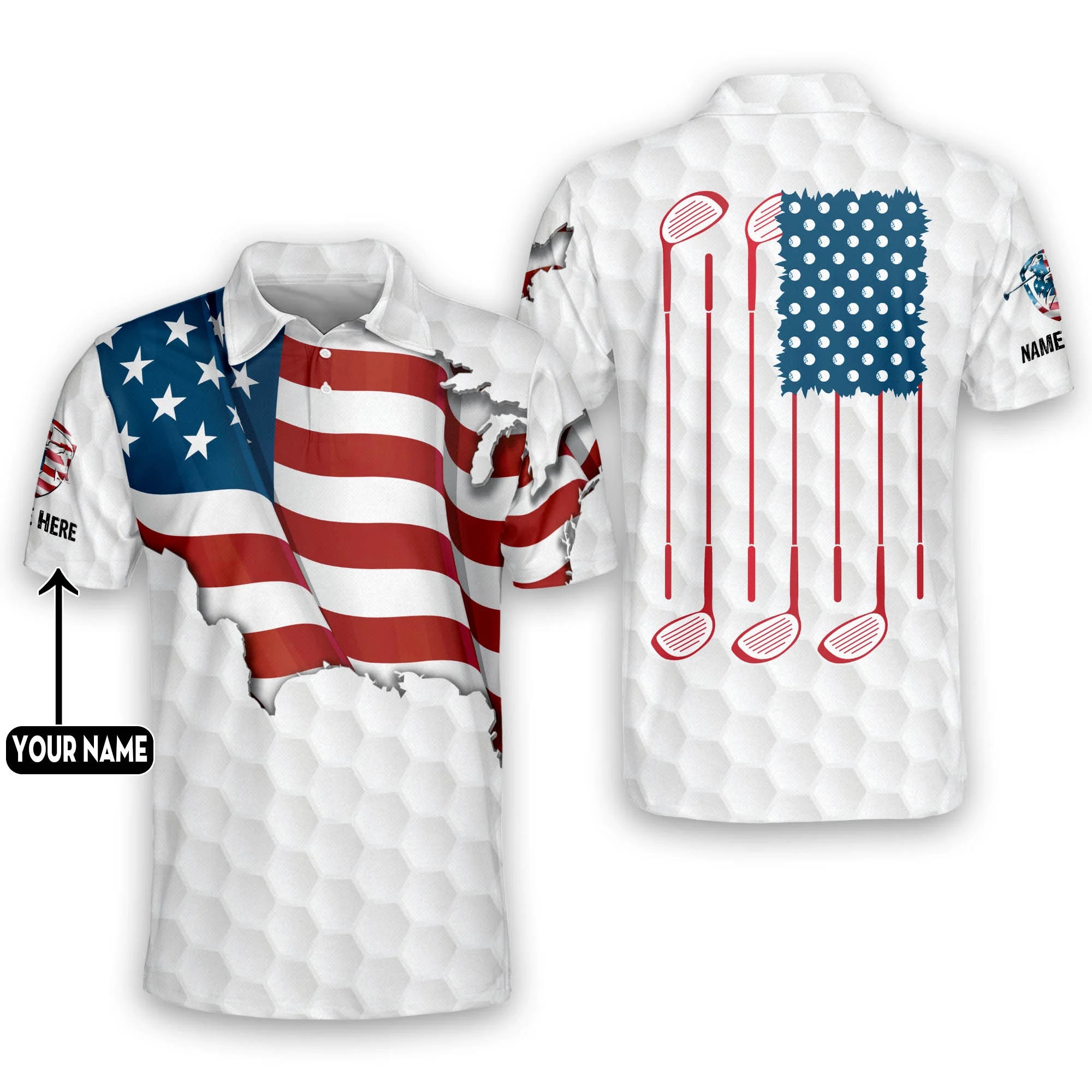 Proud Golf American Flag Custom Name Golf Polo Shirts, Golf Gift For Men, Golfing Apparel
