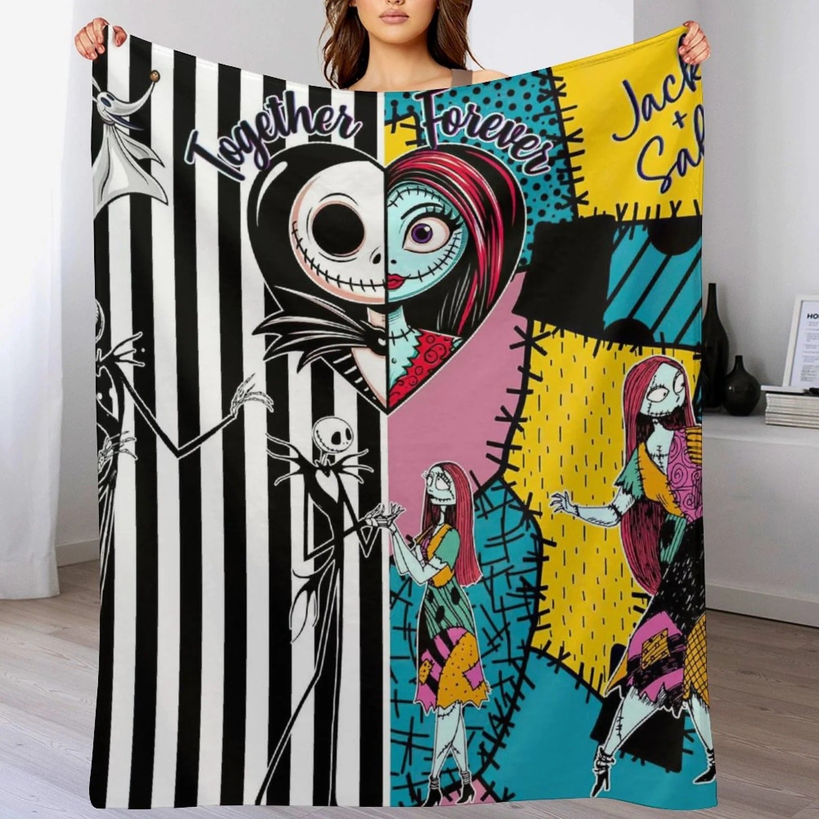 Skull Couple Together Forever, Personalized Horror Couples Blanket, Personalized Sherpa Blanket