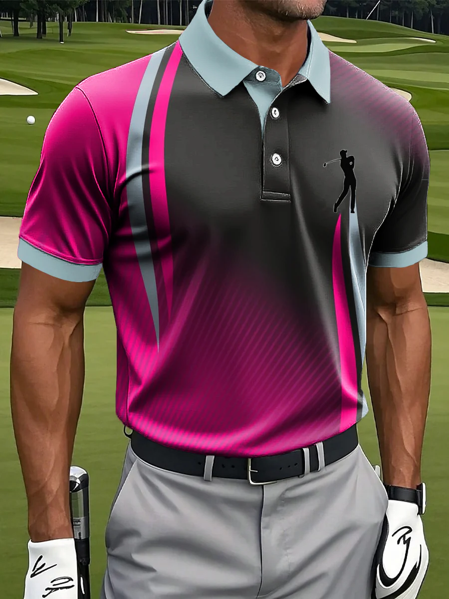 Men's Retro Line Splicing Art Print Casual Business Polo Shirt, Polo Shirts For Men, Golf Gift For Men