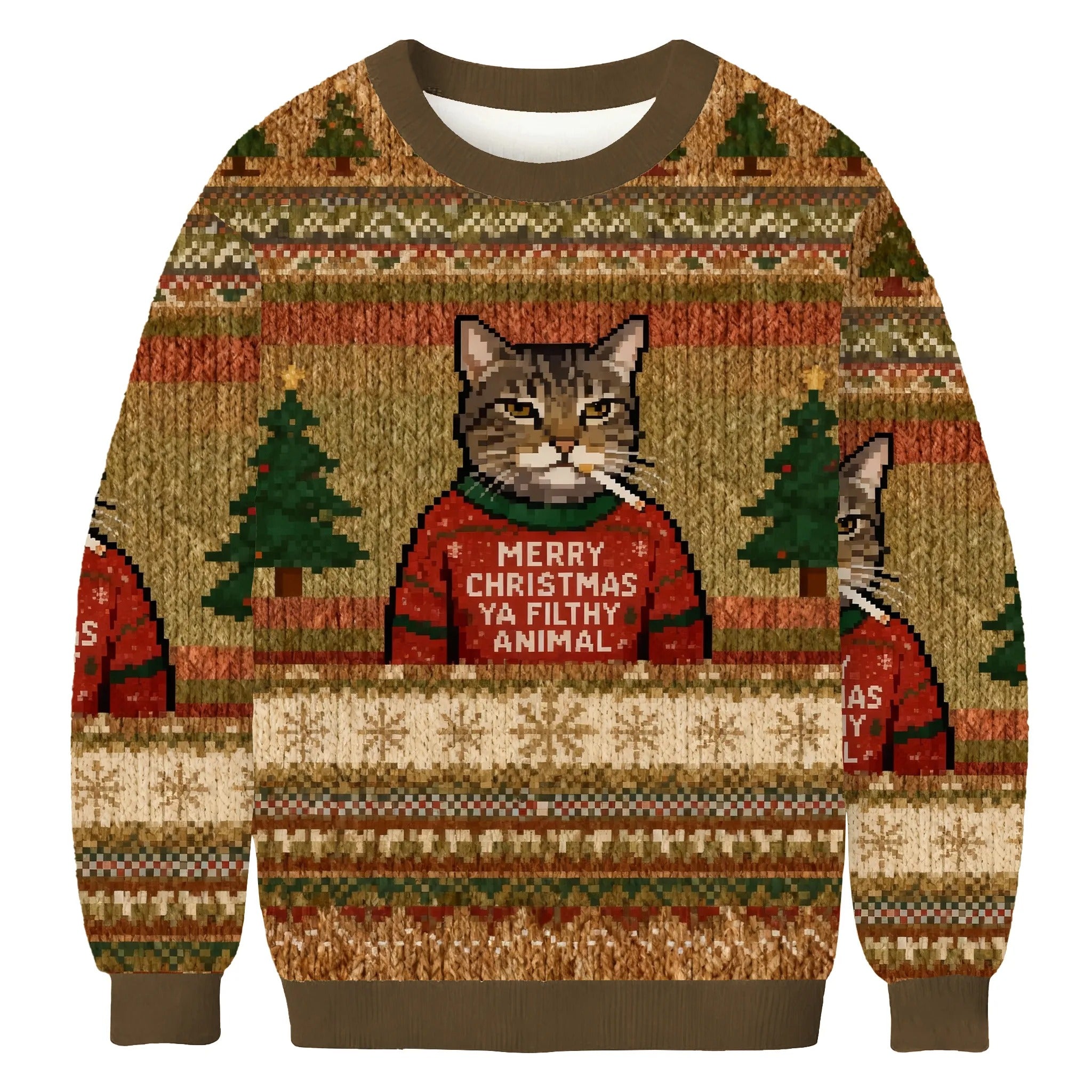 Smoking Cat Ya Filthy Animal Brown Ugly Sweater, Funny Meme Christmas Sweater, Cat Lovers Gifts