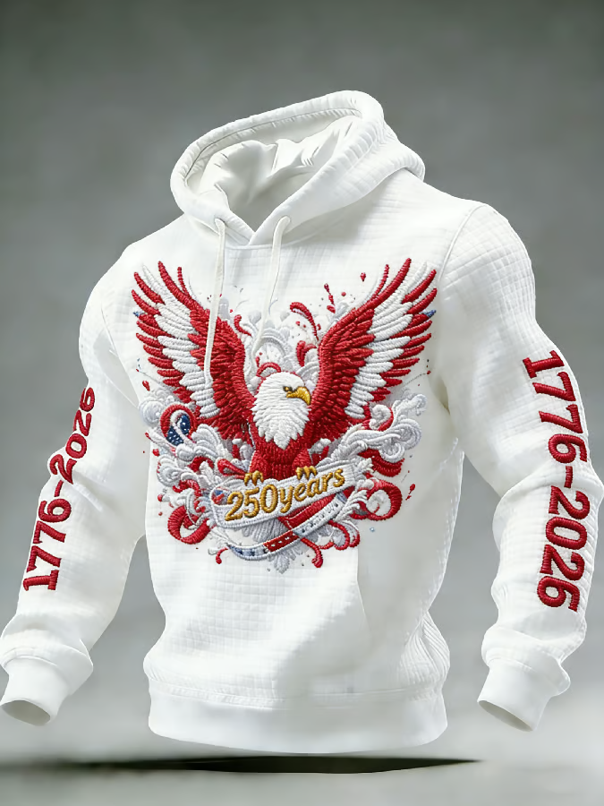America 250th Anniversary Hoodie, Patriotic Eagle Flag Pullover, White Hooded Jumper 4th Of July Gift
