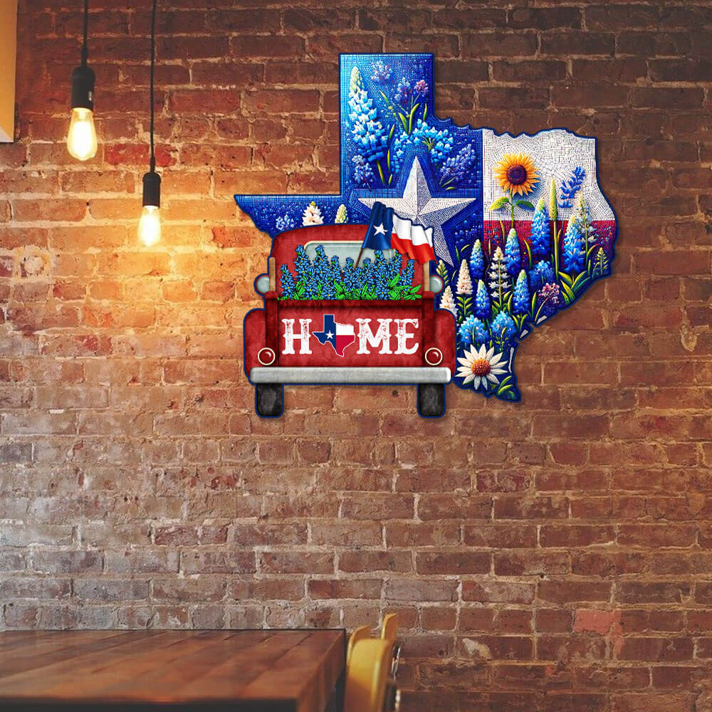 Texas Home Bluebonnet With Car Hanging Metal Sign, Texas Wall Art, Home Wall Decor, Garden Decor