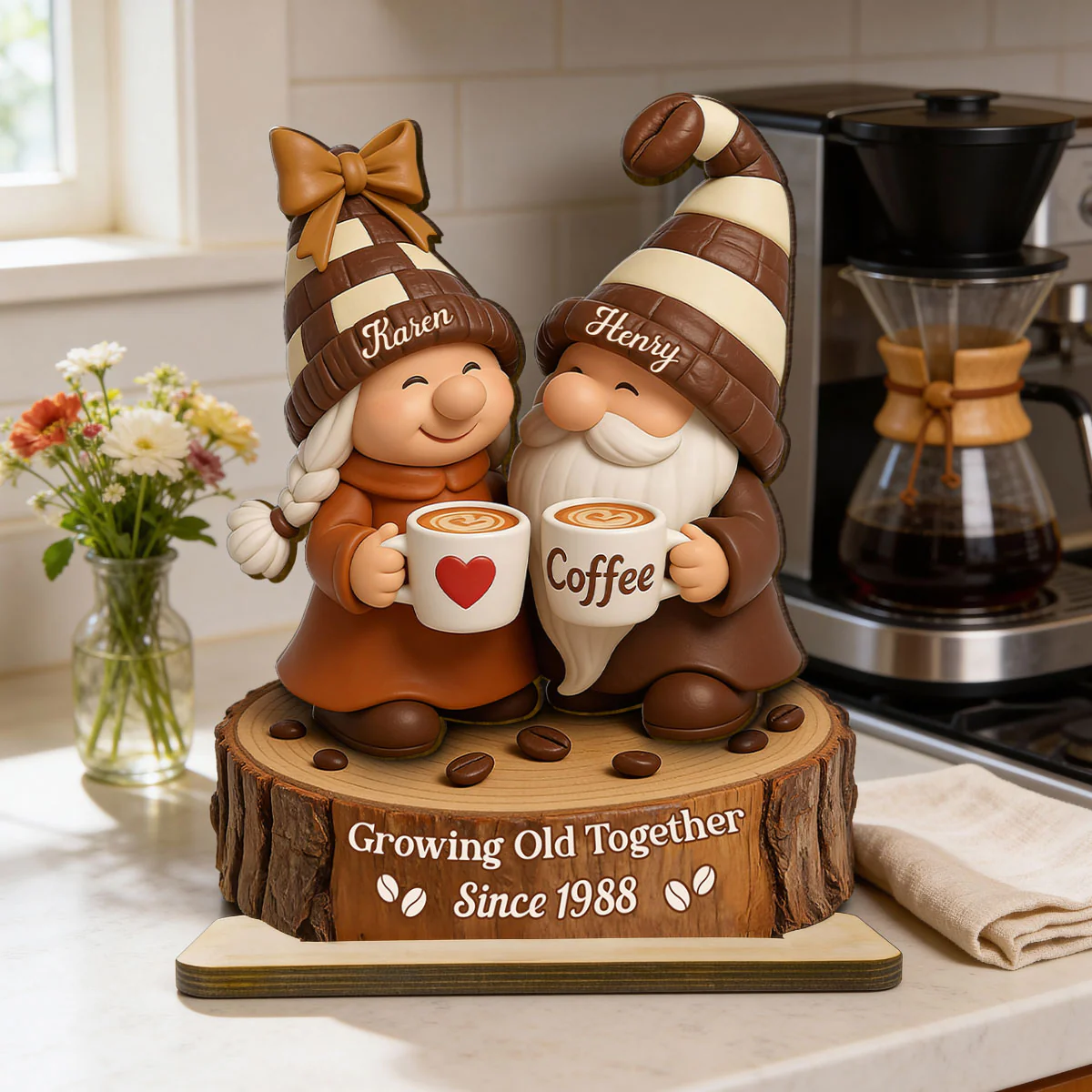 Coffee Gnome Couple 2 Layered Wooden Plaque, Personalized Valentines Gift, Couple Anniversary Gift