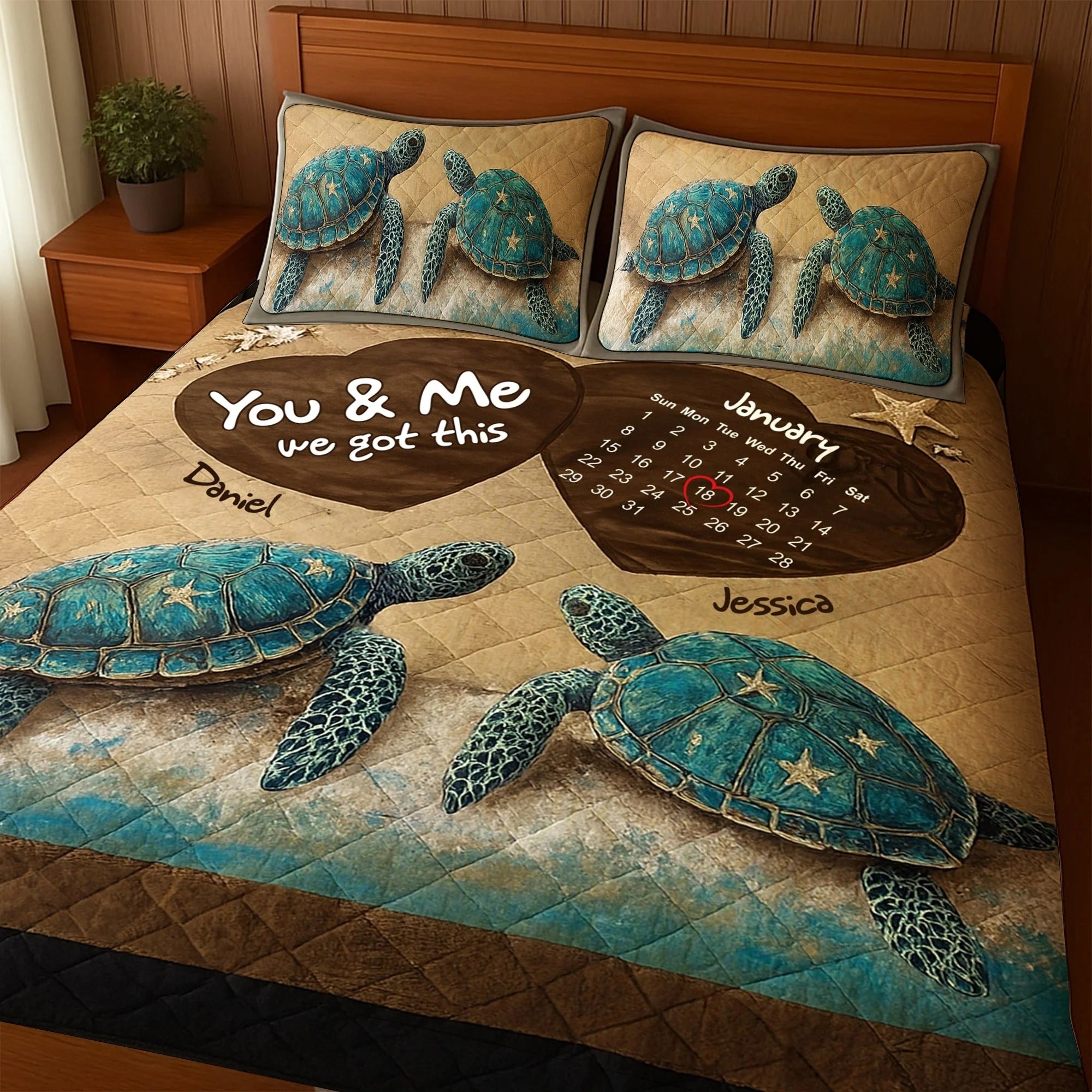 Beachy Sea Turtle Quilt Bed Set, Personalized Anniversary Gifts For Couple, Couple Valentine Gift, Valentine's Day Ideas
