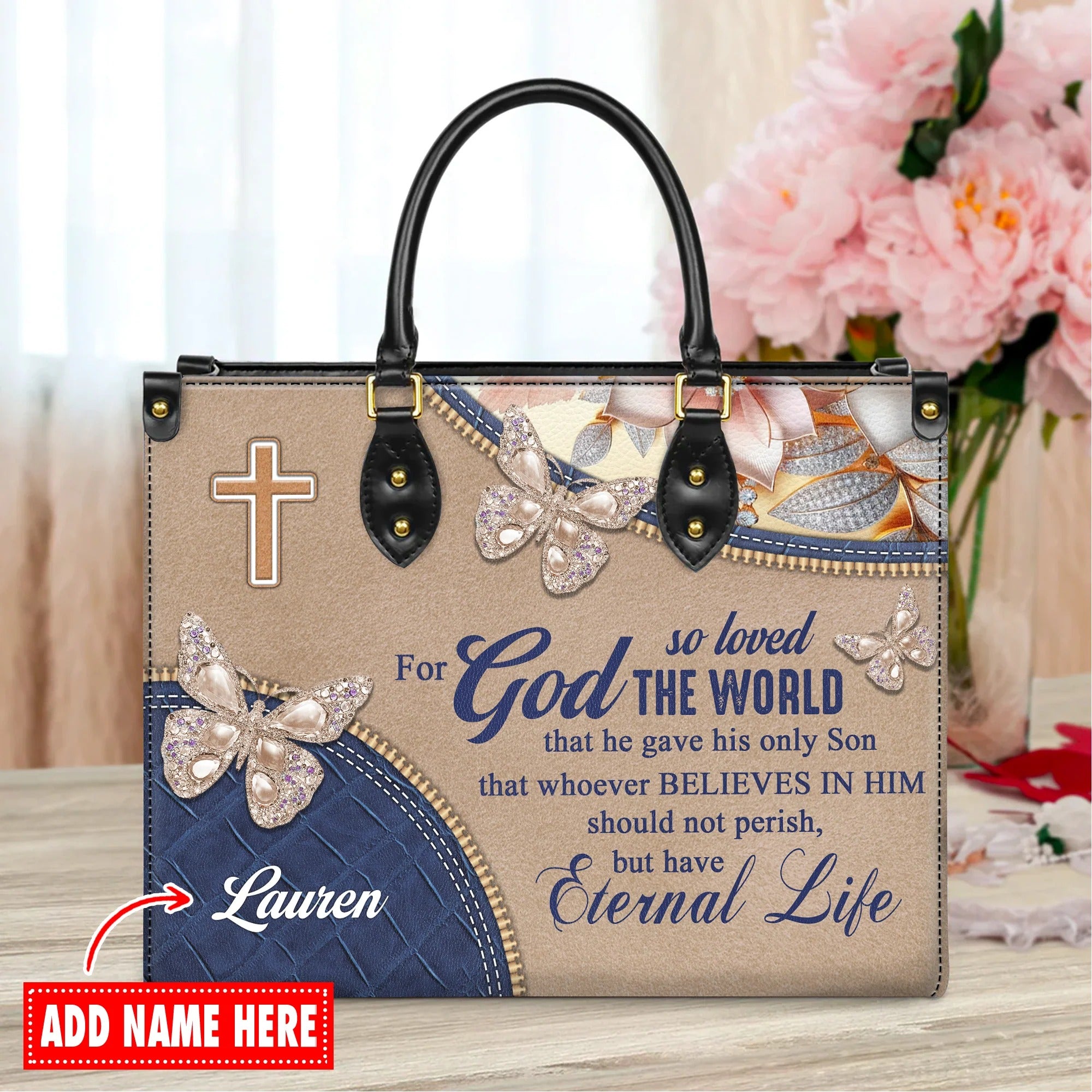 John 3:16 For God So Loved The World Eternal Life Personalized Christian Faith Leather Handbag