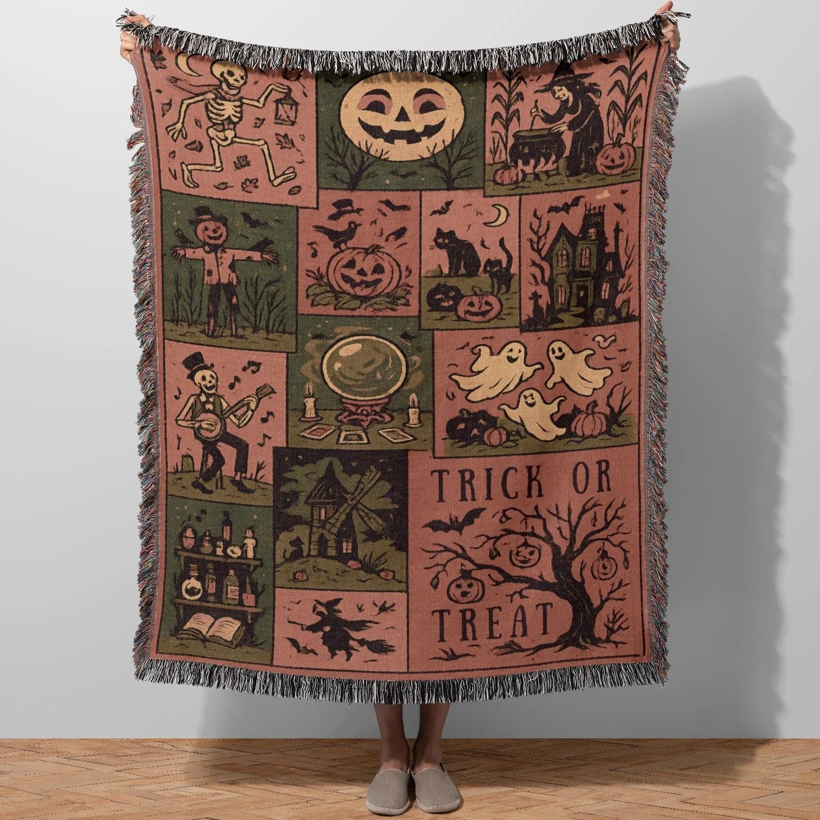 Retro Halloween Blanket, Trick Or Treat Halloween Throw Blanket, Halloween Decor