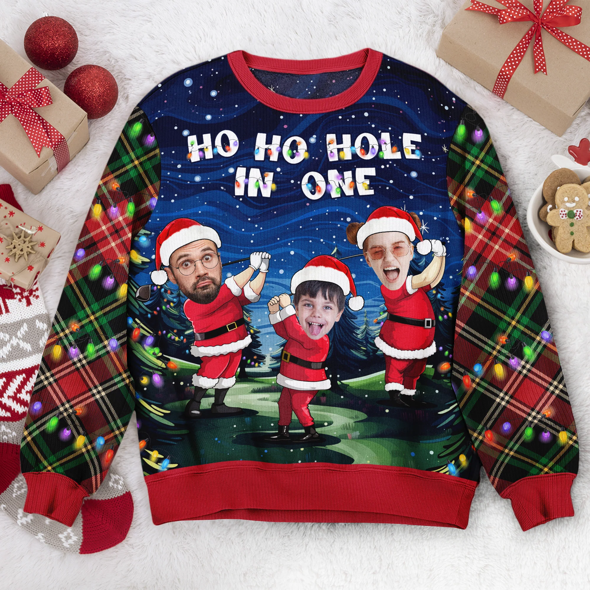 Ho Ho Ho Hole In One Custom Face Santa Golfer All-Over-Printed Sweatshirt, Custom Ugly Christmas Sweater