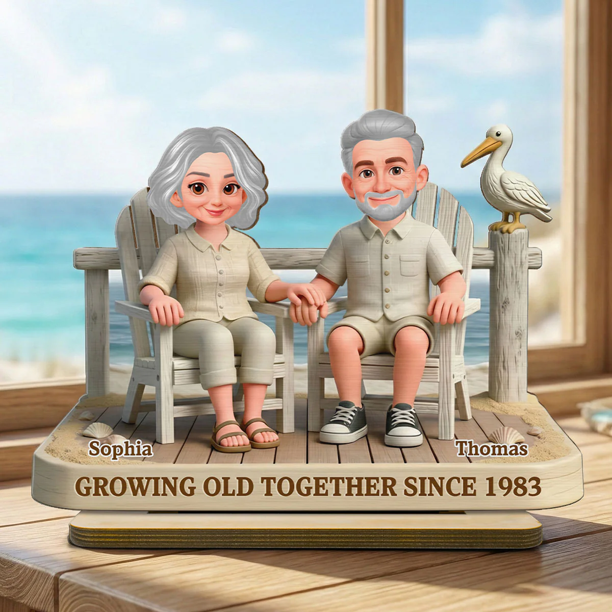 Eternal Love Couple On The Beach Growing Old Together 2-Layer Wooden Plaque, Personalized Valentines Gift