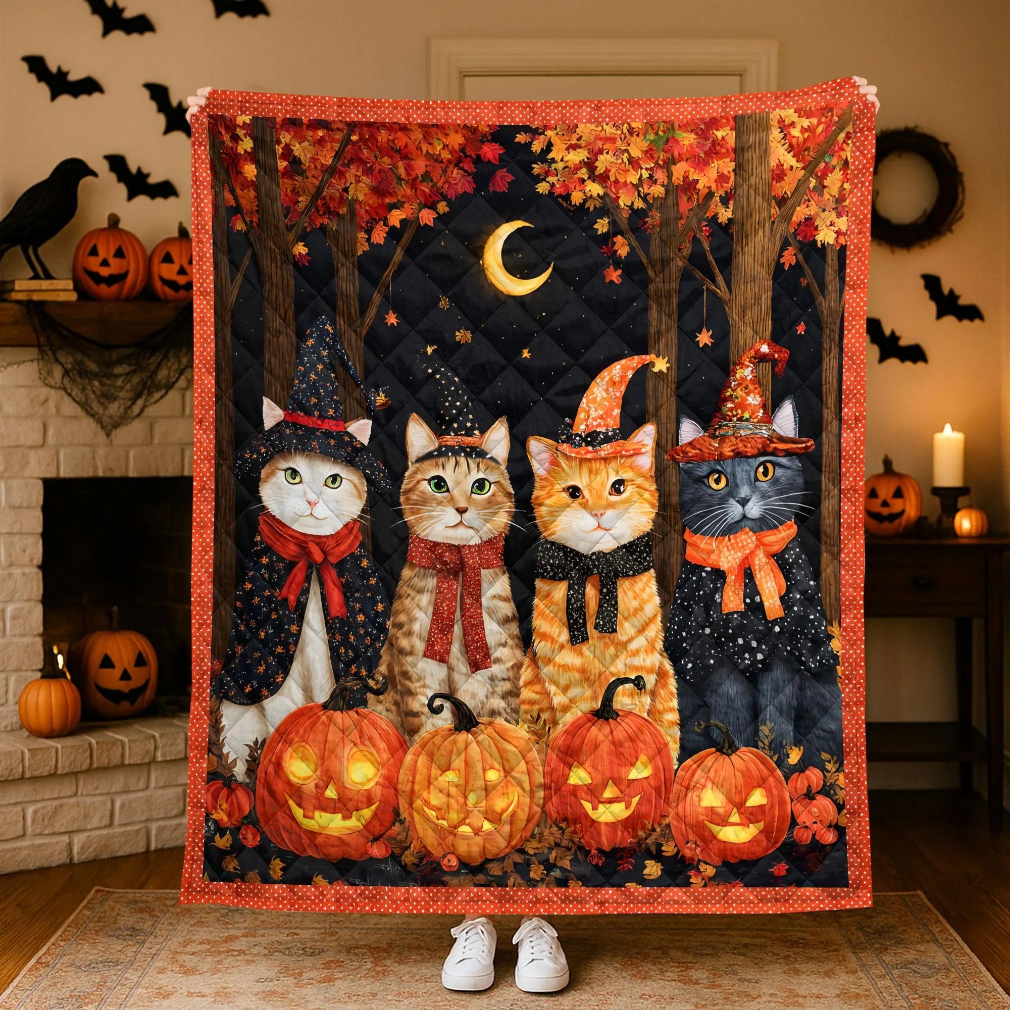 Halloween Cats Quilt Blanket, Witch Cat Throw Blanket, Spooky Season Decor