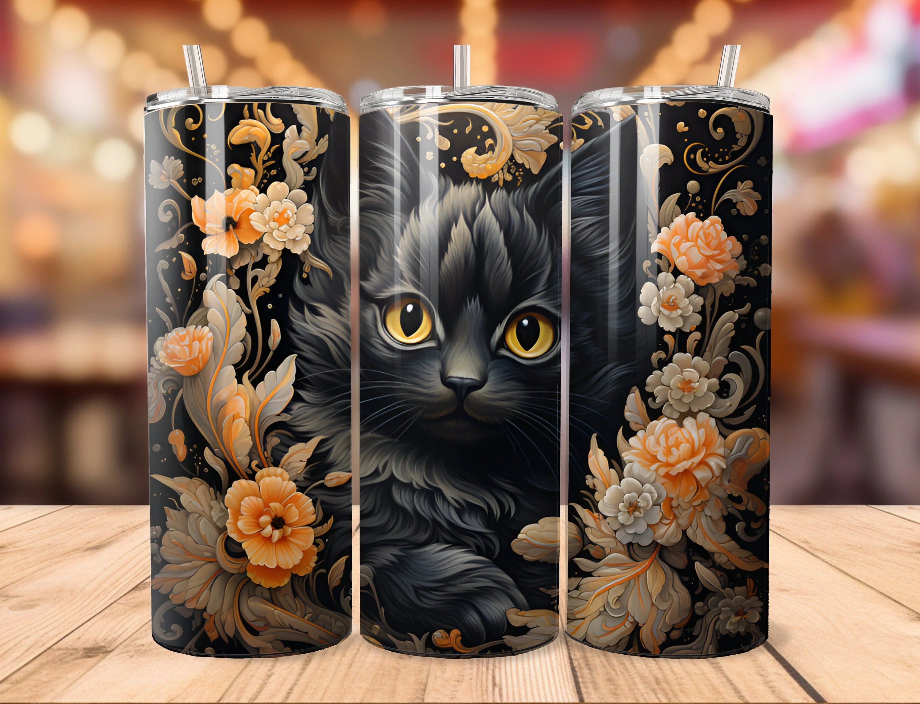 Autumn Black Cat Tumbler 20oz 30oz, Floral Halloween Tumbler, Halloween Gift Idea