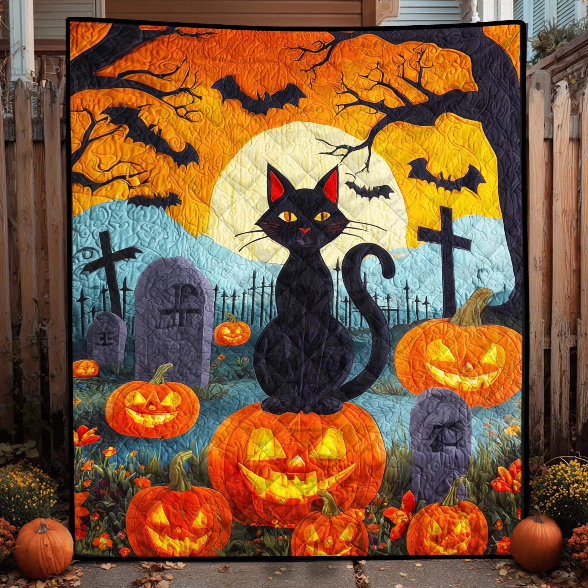 Spooky Halloween Black Cat Quilt Blanket, Pumpkin Throw Blanket, Spooky Season Decor