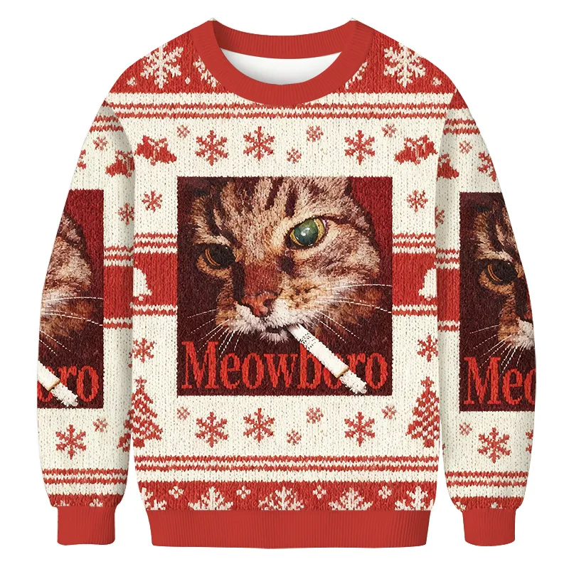 Red Meowlboro Smoking Cat Vintage Christmas Sweater, Ugly Xmas Sweater, Christmas Ugly Sweatshirt