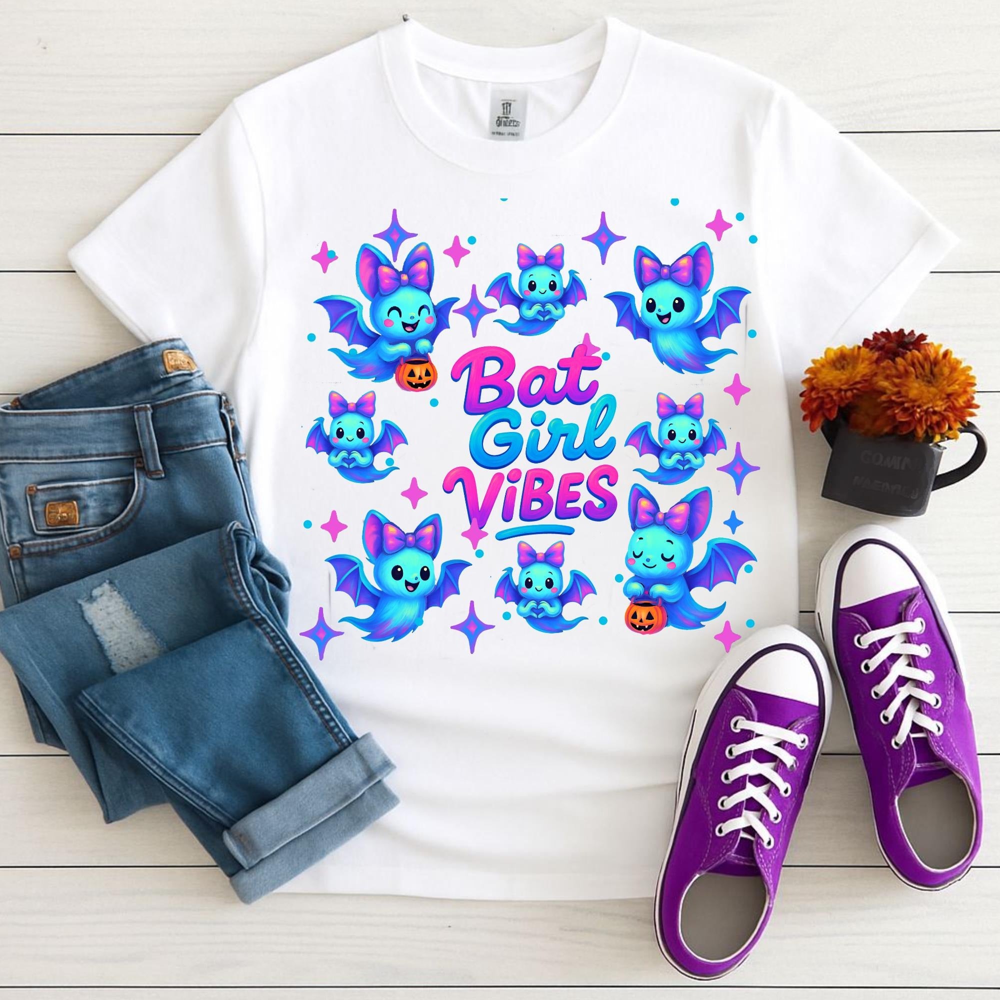 Bat Girl Vibes Halloween Unisex T-Shirt, Funny Neon Bats, Spooky Season Shirt, Halloween Gift