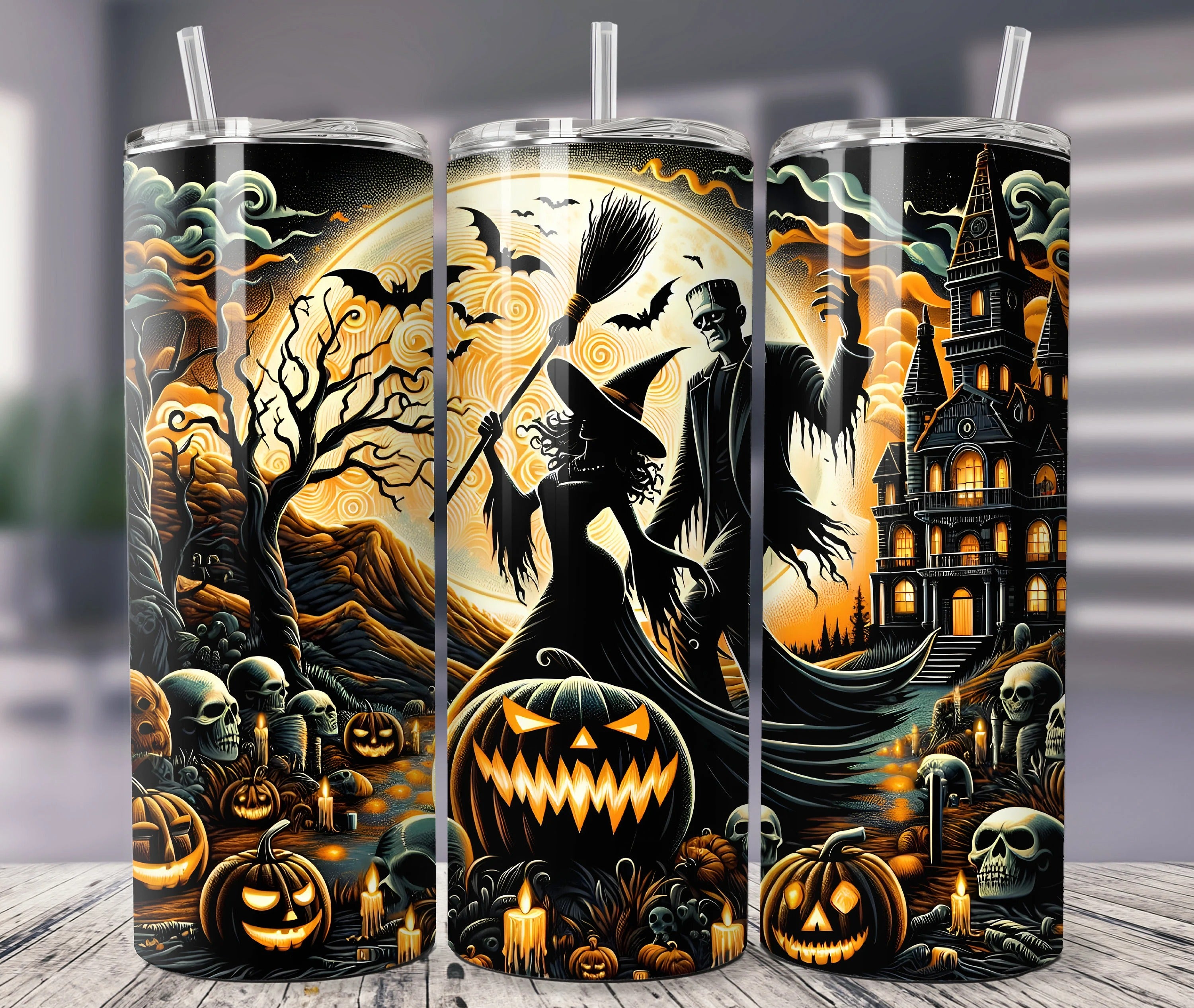 Halloween Haunted House 20oz 30oz Tumbler, Funny Witch & Monster Tumbler, Halloween Gift Idea