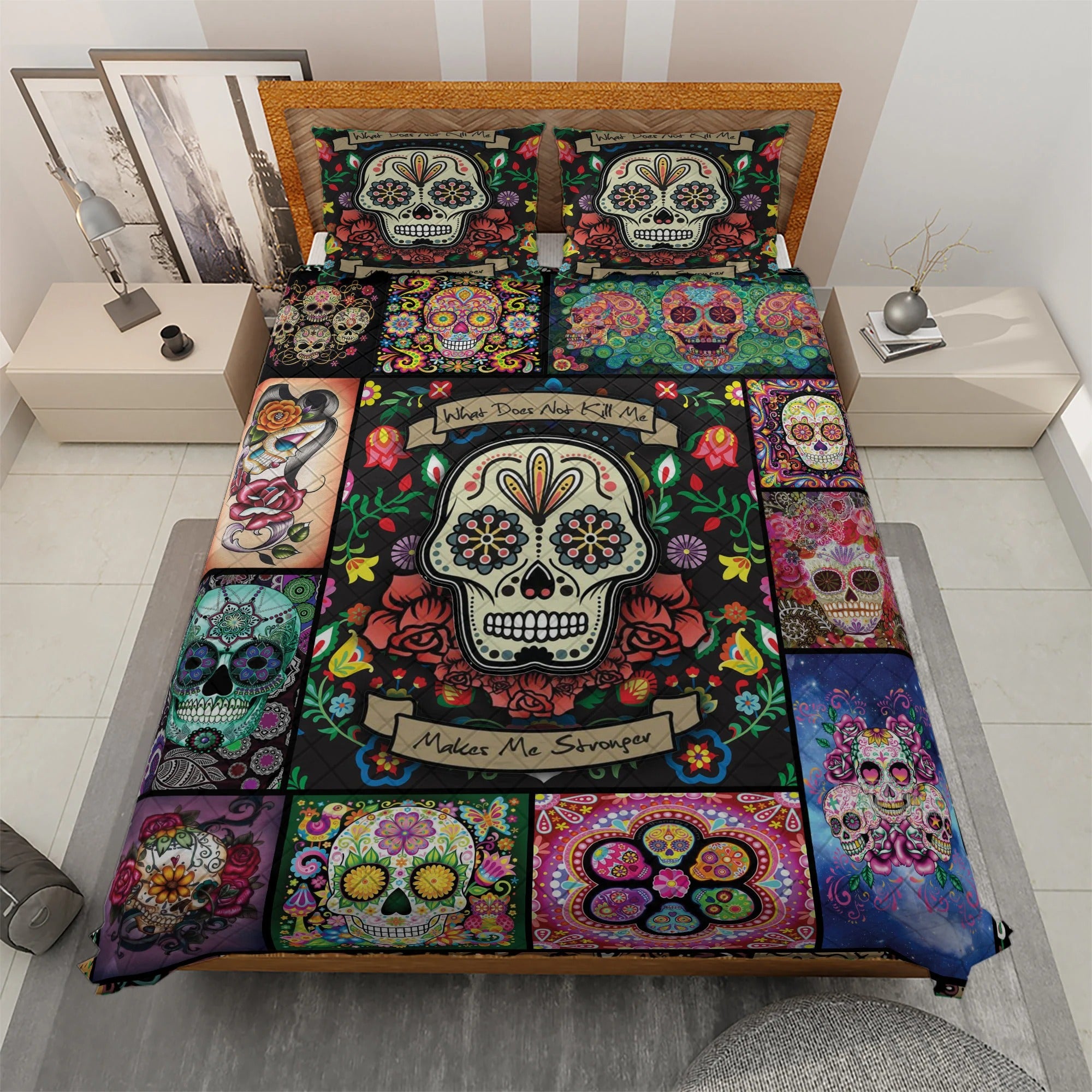 Vintage Sugar Skull Quilt Bedding Set, Vintage Halloween Decorations, Halloween Home Decor