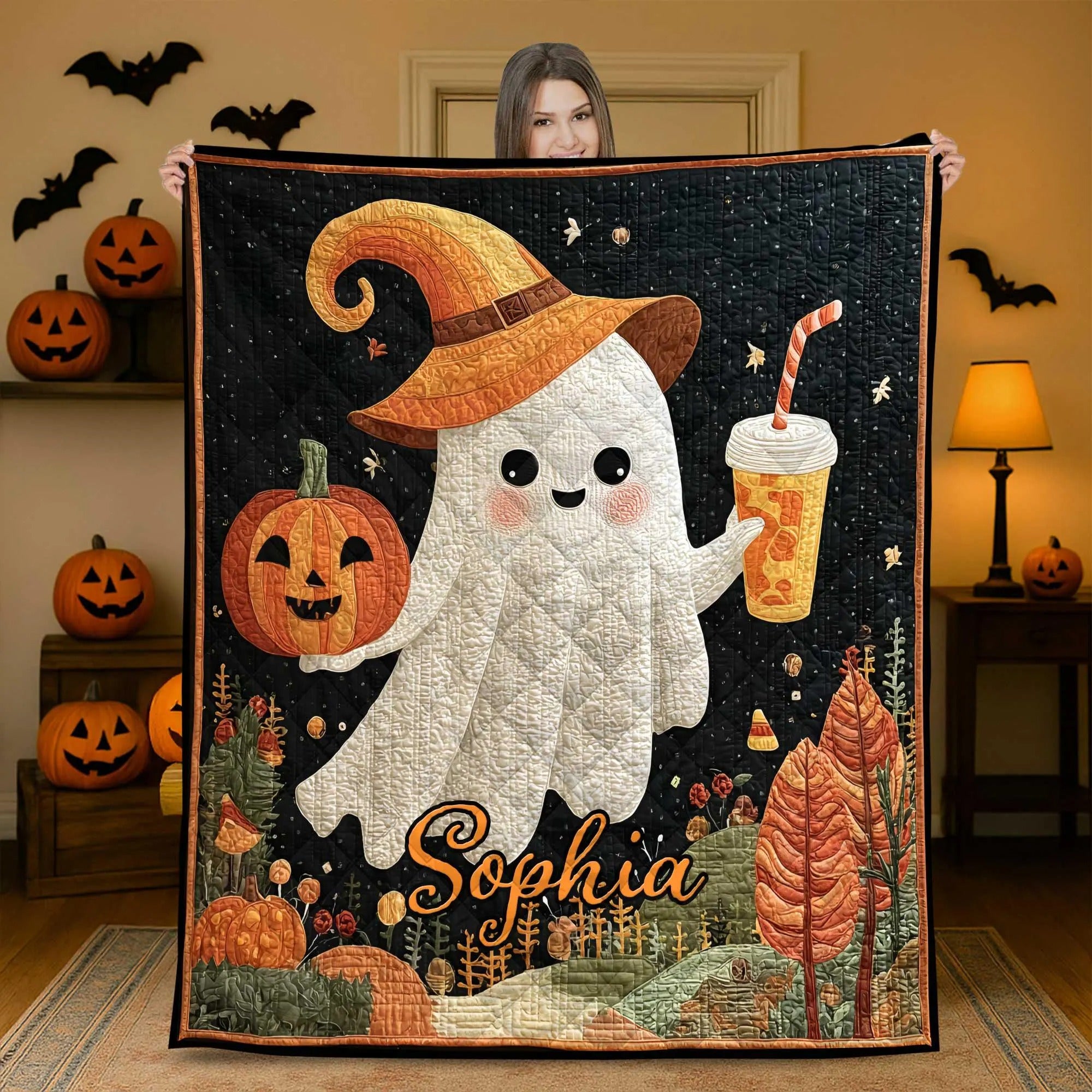 Ghost Pumpkin Witch Hat Throw, Personalized Sherpa Blanket, Spooky Season Decor