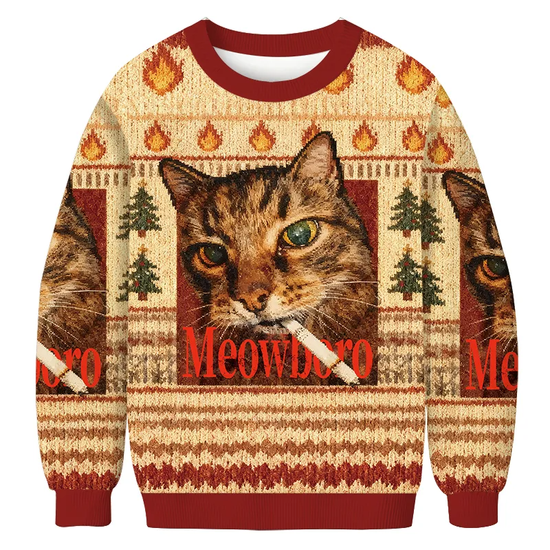 Meowlboro Funny Smoking Cat Vintage Christmas Sweater, Ugly Xmas Sweater, Christmas Ugly Sweatshirt