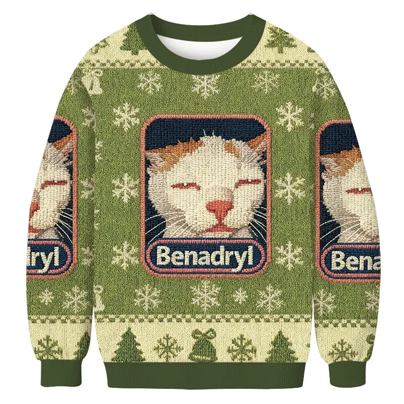 Benadryl Cat Meme Green Vintage Christmas Sweater, Ugly Xmas Sweater, Christmas Ugly Sweatshirt