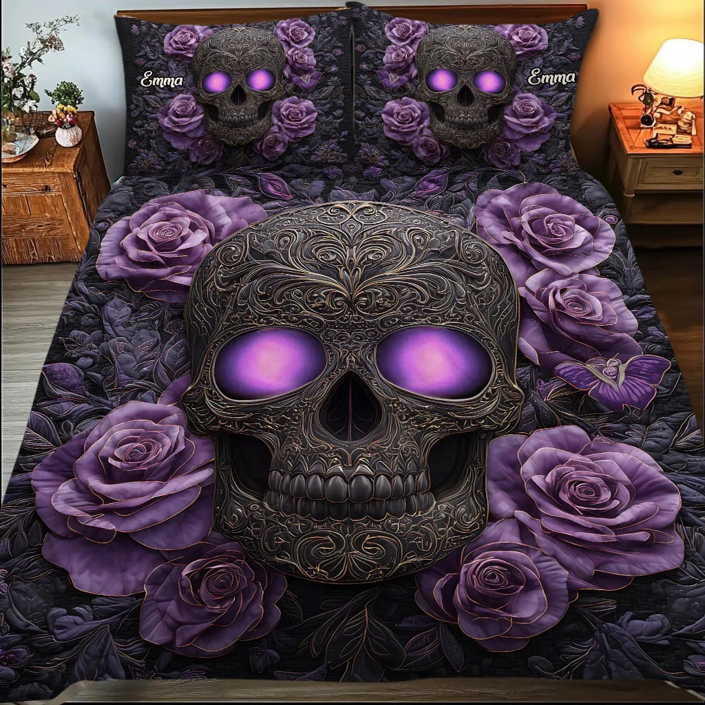 Skull And Roses, Personalized Skull Quilt Set, Couple Valentine Gift, Valentine's Day Ideas, Gift for Halloween