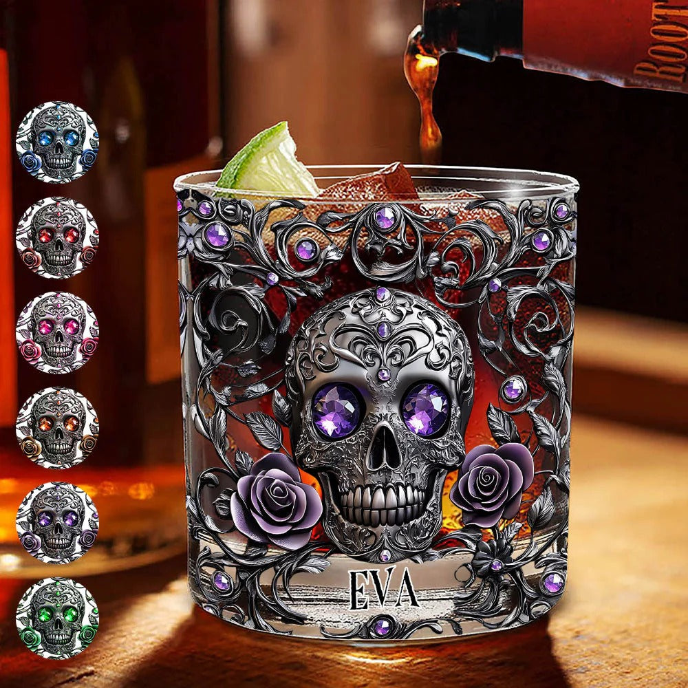 Beautiful Skull And Roses Personalized Skull Whiskey Glass, Luxury Whiskey Glass