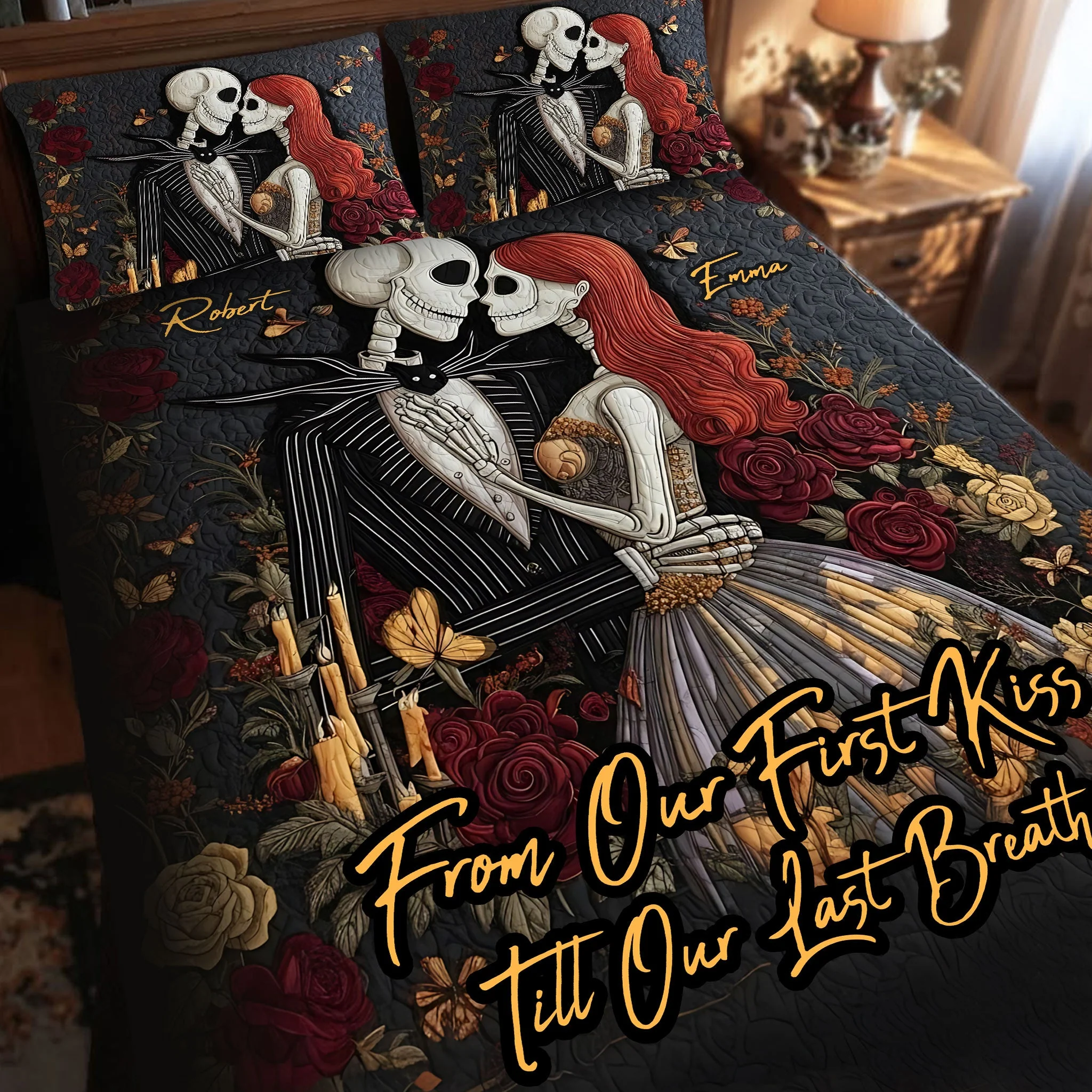 From Our First Kiss Till Our Last Breath Personalized Bed Set, King Size Bedroom Sets, Couple Anniversary Gift