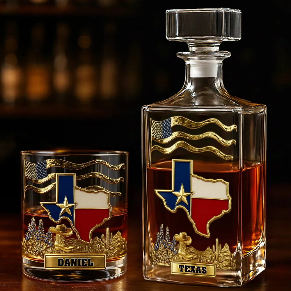 Strong Texas States of America Whiskey Decanter Set, Patriot Gift, Luxury Whiskey Glass, Whiskey Decanter Set