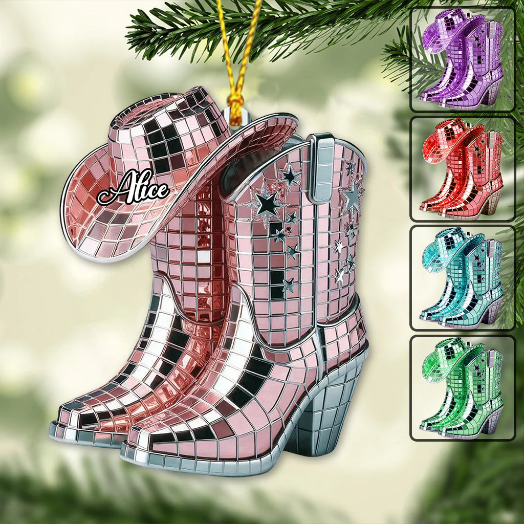 Cowgirl Boots And Hat Western Christmas Acrylic Ornament, Custom Name Xmas Decor, Christmas Gift For Her