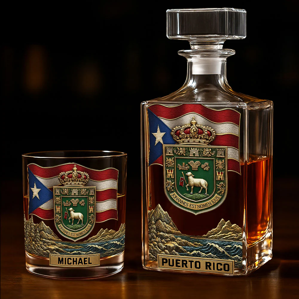 Puerto Rico Coat Of Arms Whiskey Decanter Set, Personalized Whiskey Glasses, Luxury Whiskey Glass, Man Cave Gift