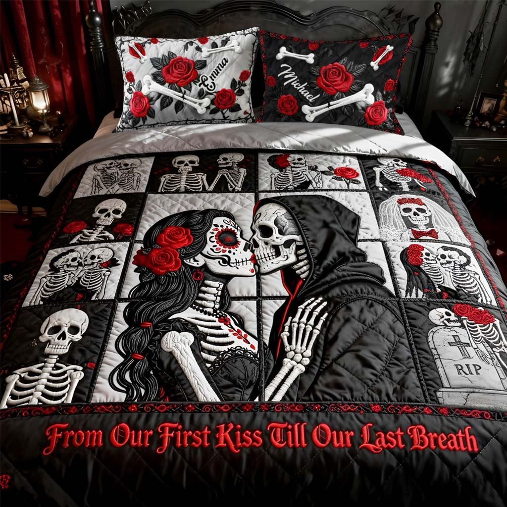 From Our First Kiss Till Our Last Breath Skull And Roses Couple Bedding Set, Cool Valentine Gift