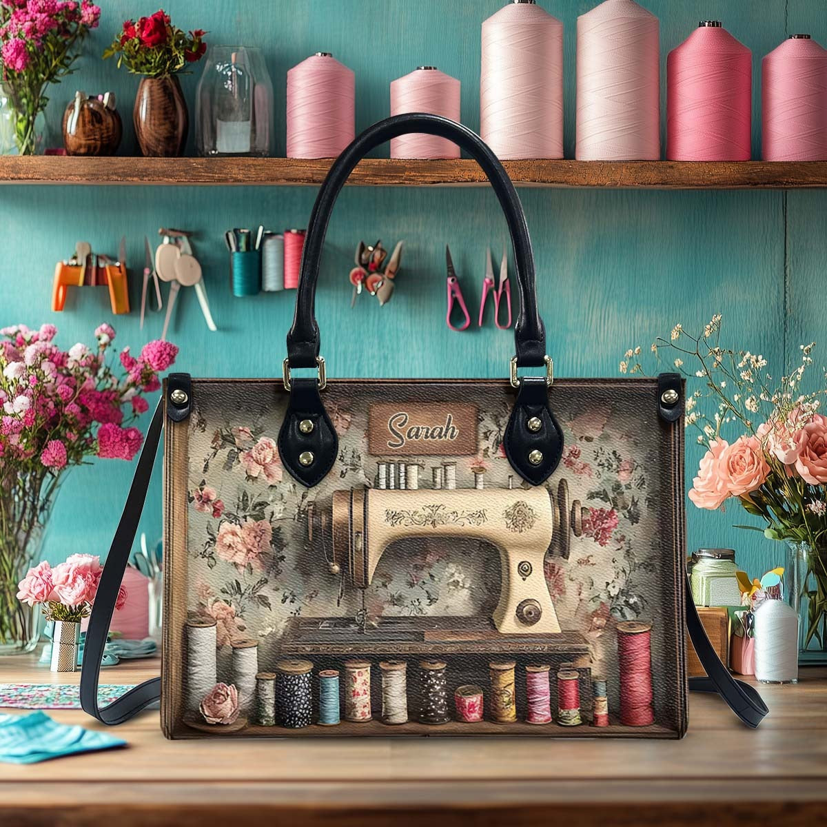 Vintage Sewing Room - Personalized Sewing Leather Handbag - Boho Handbag - Leather Shoulder Bag