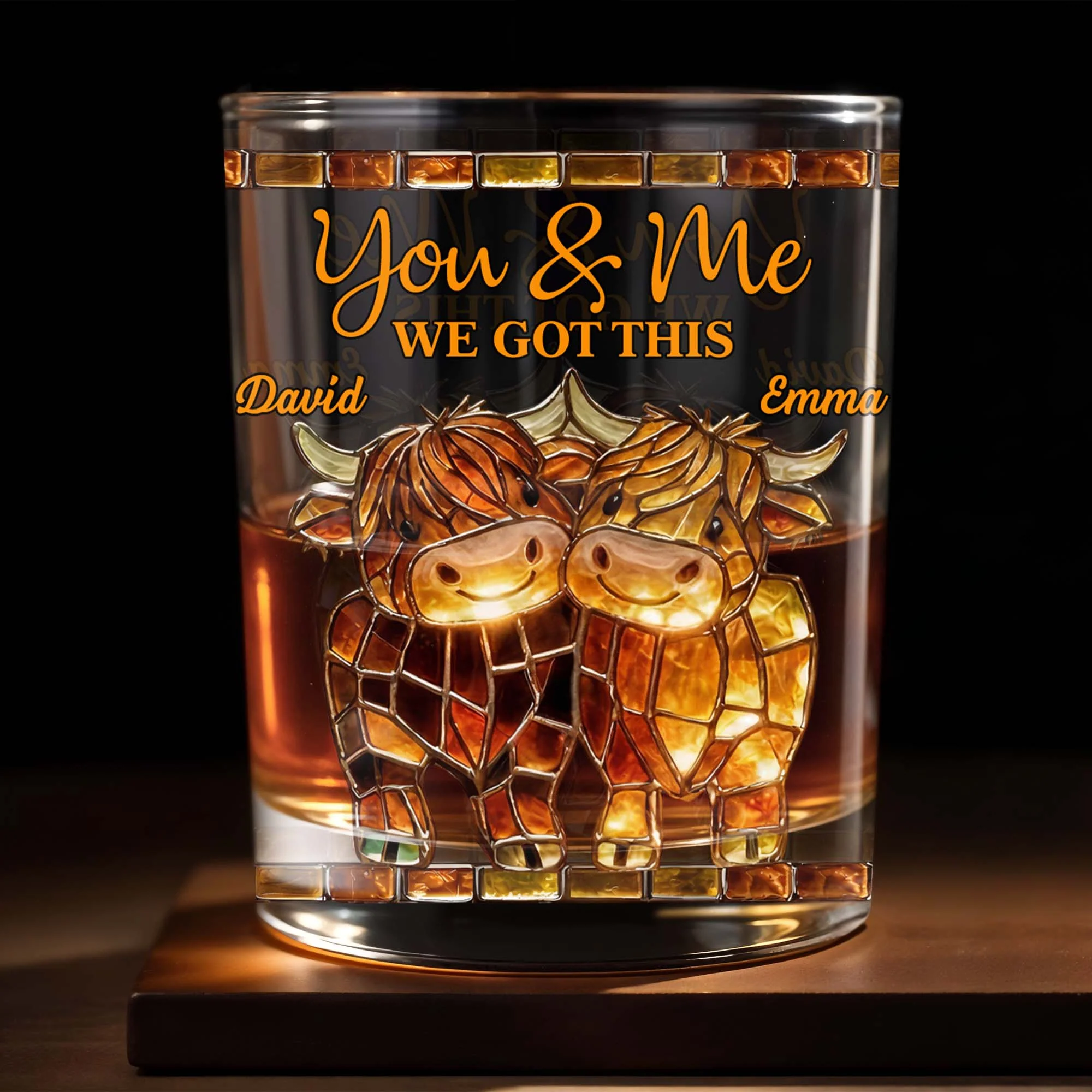 You & Me, We Got This Mosaic Cows Glass, Personalized Custom Whiskey Glass, Gift For Couples