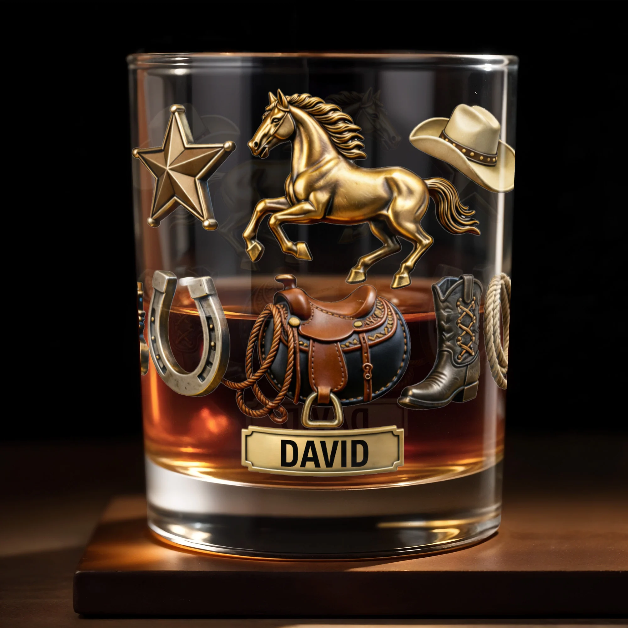Classic Western Theme, Horse and Cowboy Gear, Personalized Custom Whiskey Glass, Gift for Dad, Horse Lover