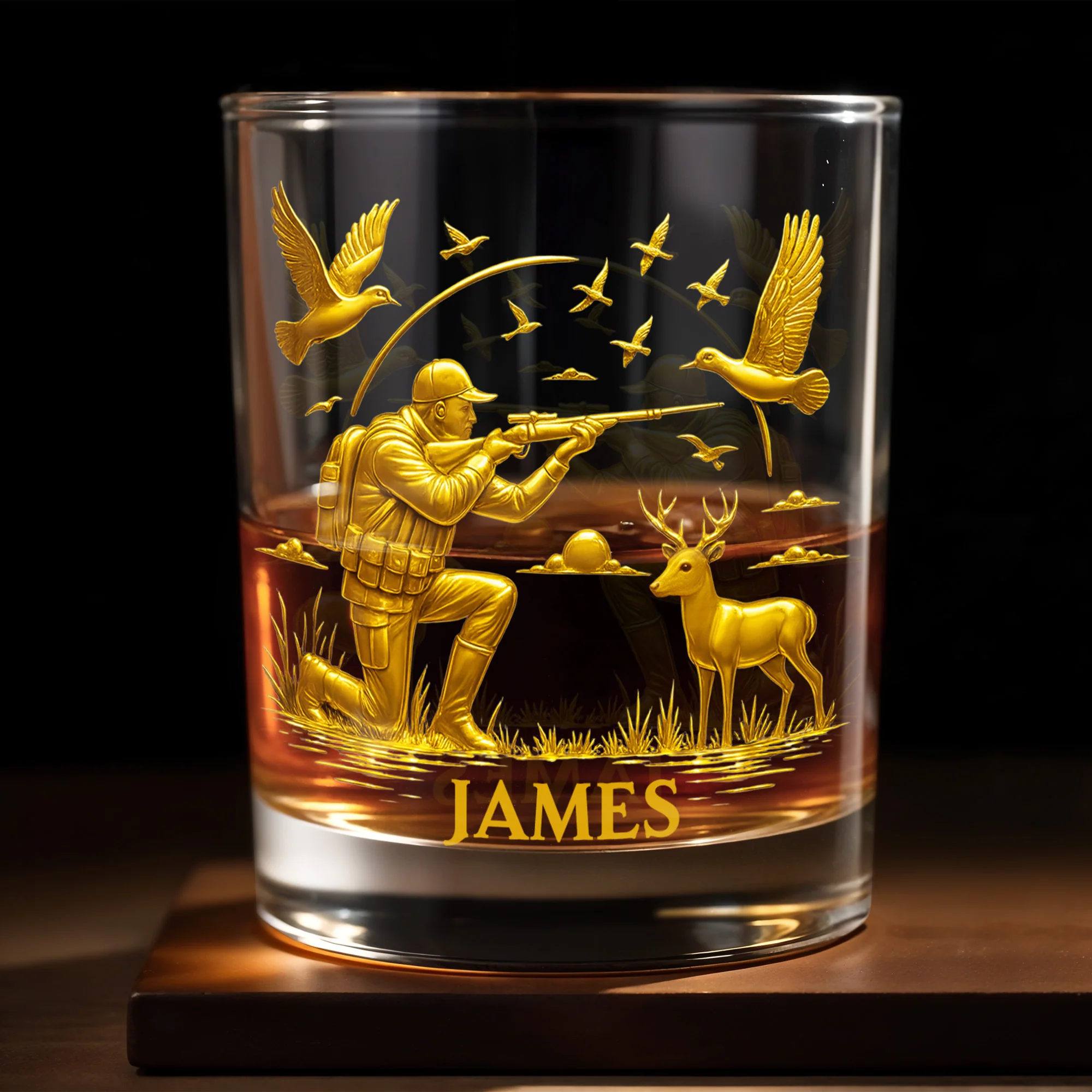 Hunter And Deer Surrounded By Flying Birds, Personalized Custom Whiskey Glass, Gift For Outdoor Enthusiasts