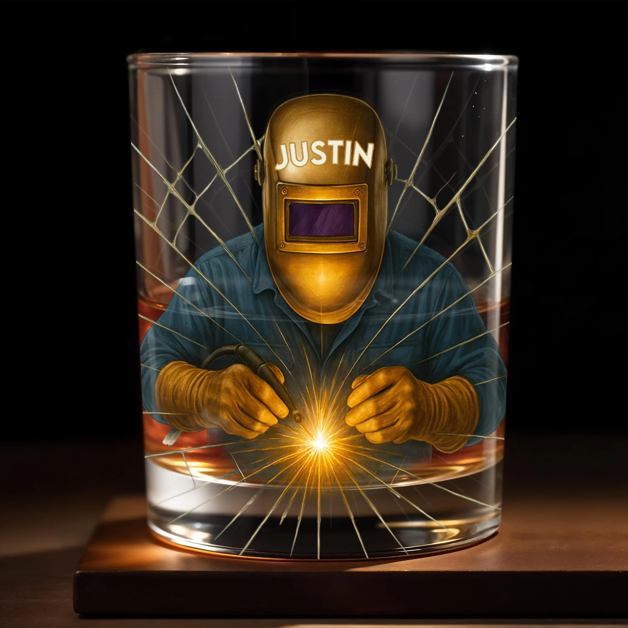 Artistic Welder At Work Personalized Custom Whiskey Glass, Gift For Craftsmen And Metal Workers
