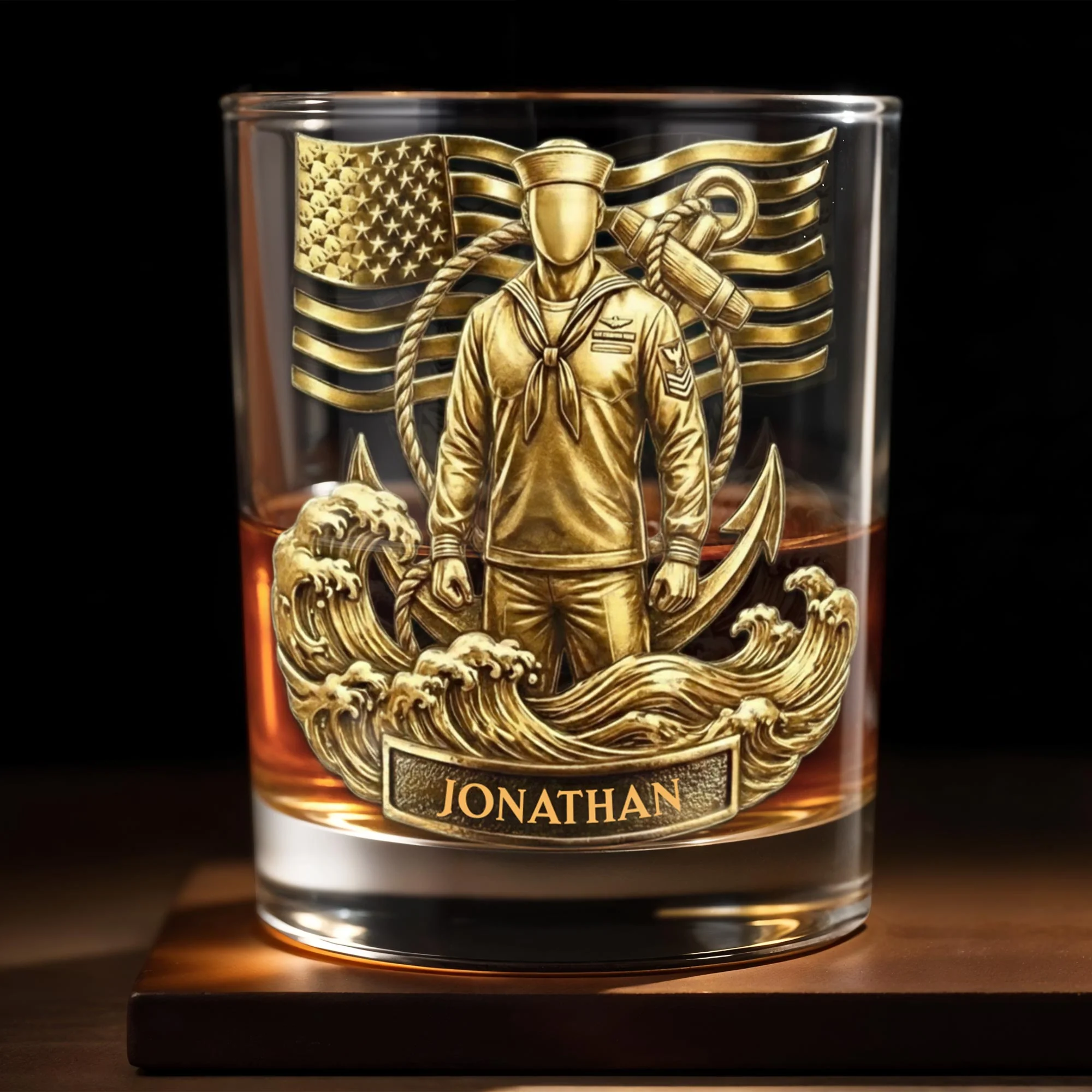 Honoring Our Heroes, American Flag And Military Figure, Personalized Custom Whiskey Glass, Gift For Veterans And Patriots