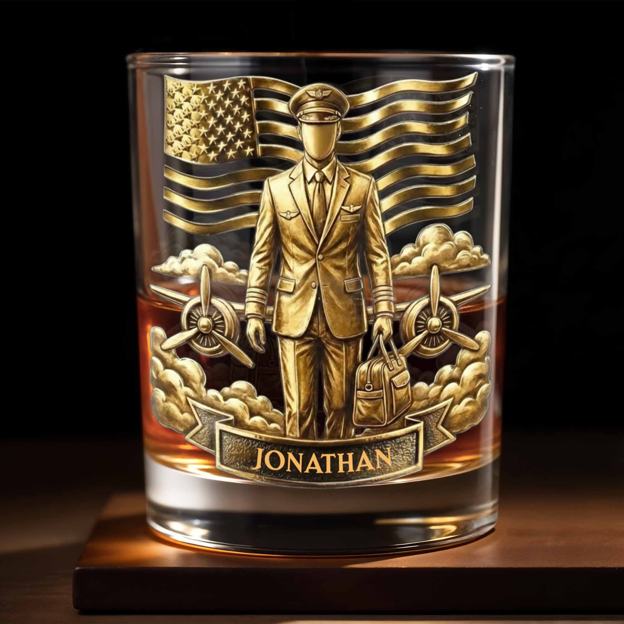 Pilot American Flag Whiskey Glass, Custom Whiskey Glass, Gift For Veterans and Aviation Enthusiasts