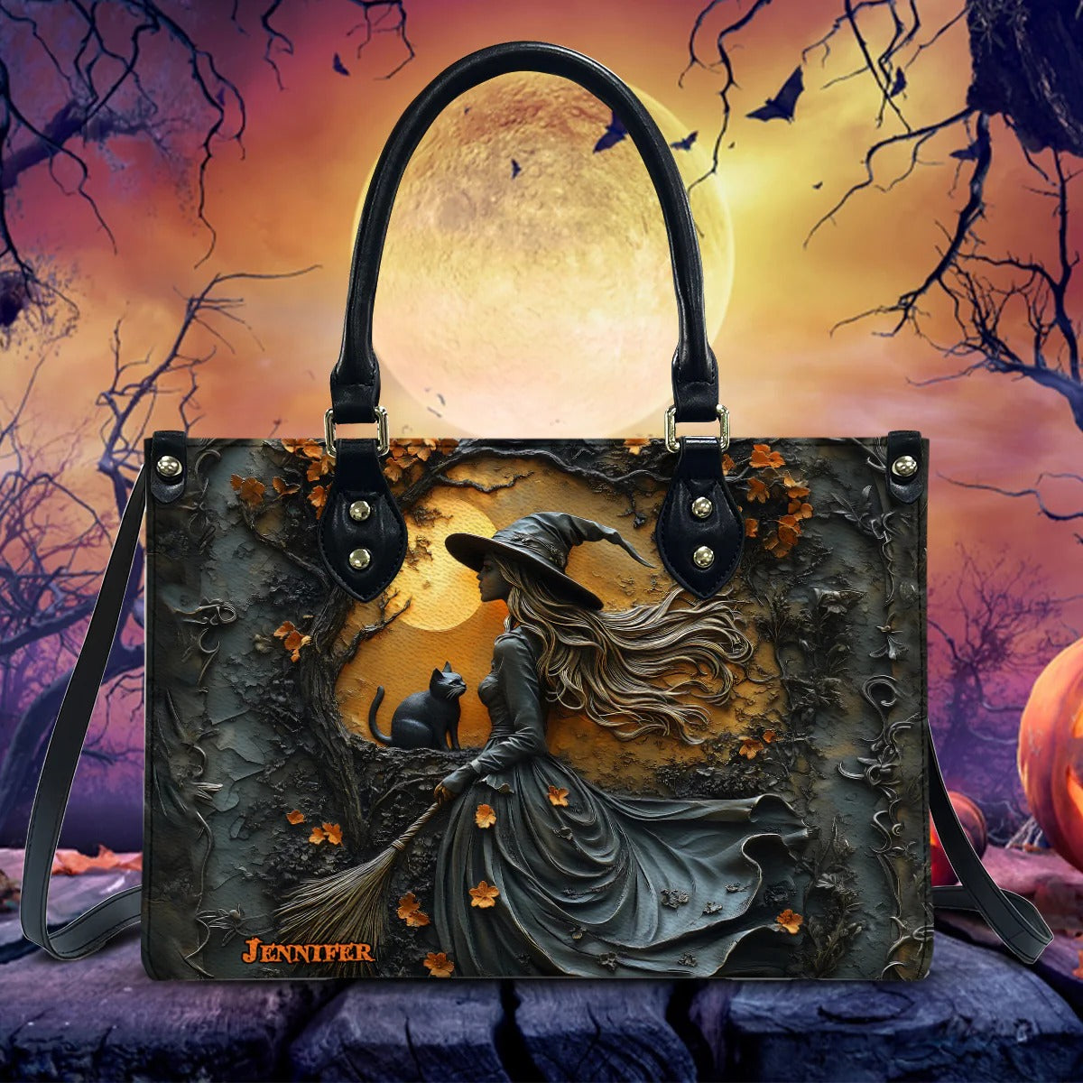 Beautiful Witch & Her Black Cat - Personalized Witch Leather Handbag - Boho Handbag - Leather Shoulder Bag