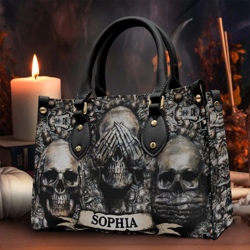 Three Wise Skulls - Personalized Skull Leather Handbag - Boho Handbag - Leather Shoulder Bag