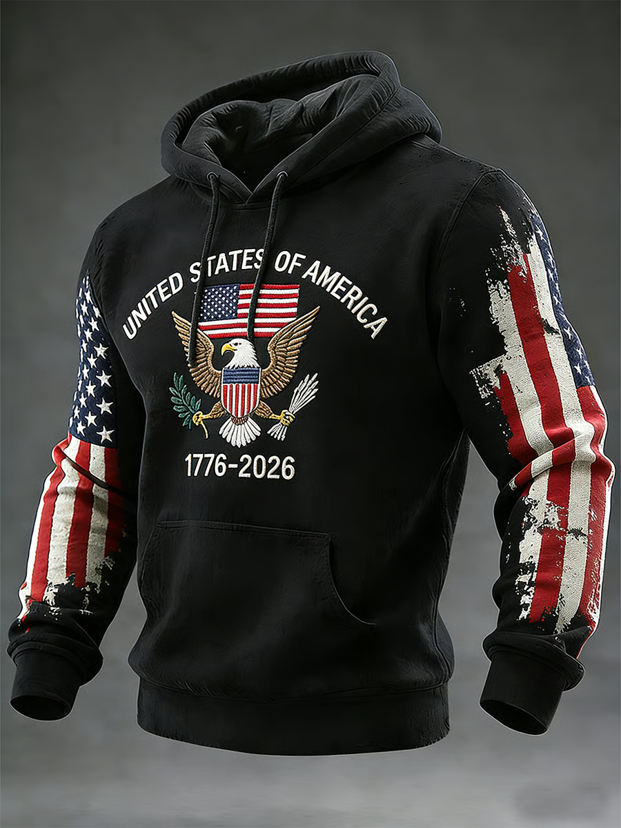 America 250th Anniversary Hoodie, 1776 2026 Patriotic Eagle Flag Black Pullover, Hooded Jumper 4th Of July Gift