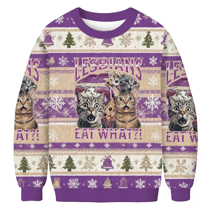 Lesbians Eat What Fun Cats Purple Vintage Christmas Sweater, Ugly Xmas Sweater, Christmas Ugly Sweatshirt