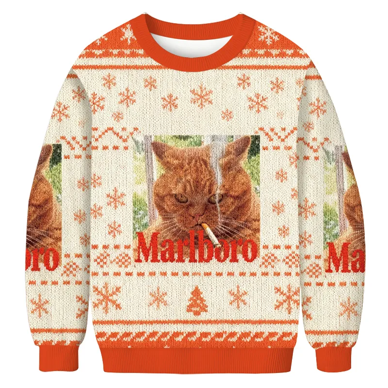Marlboro Smoking Cat Vintage Christmas Sweater, Ugly Xmas Sweater, Christmas Ugly Sweatshirt